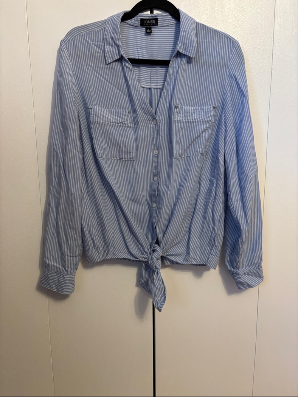 Jones New York Blue and White Striped Tie-Front Shirt